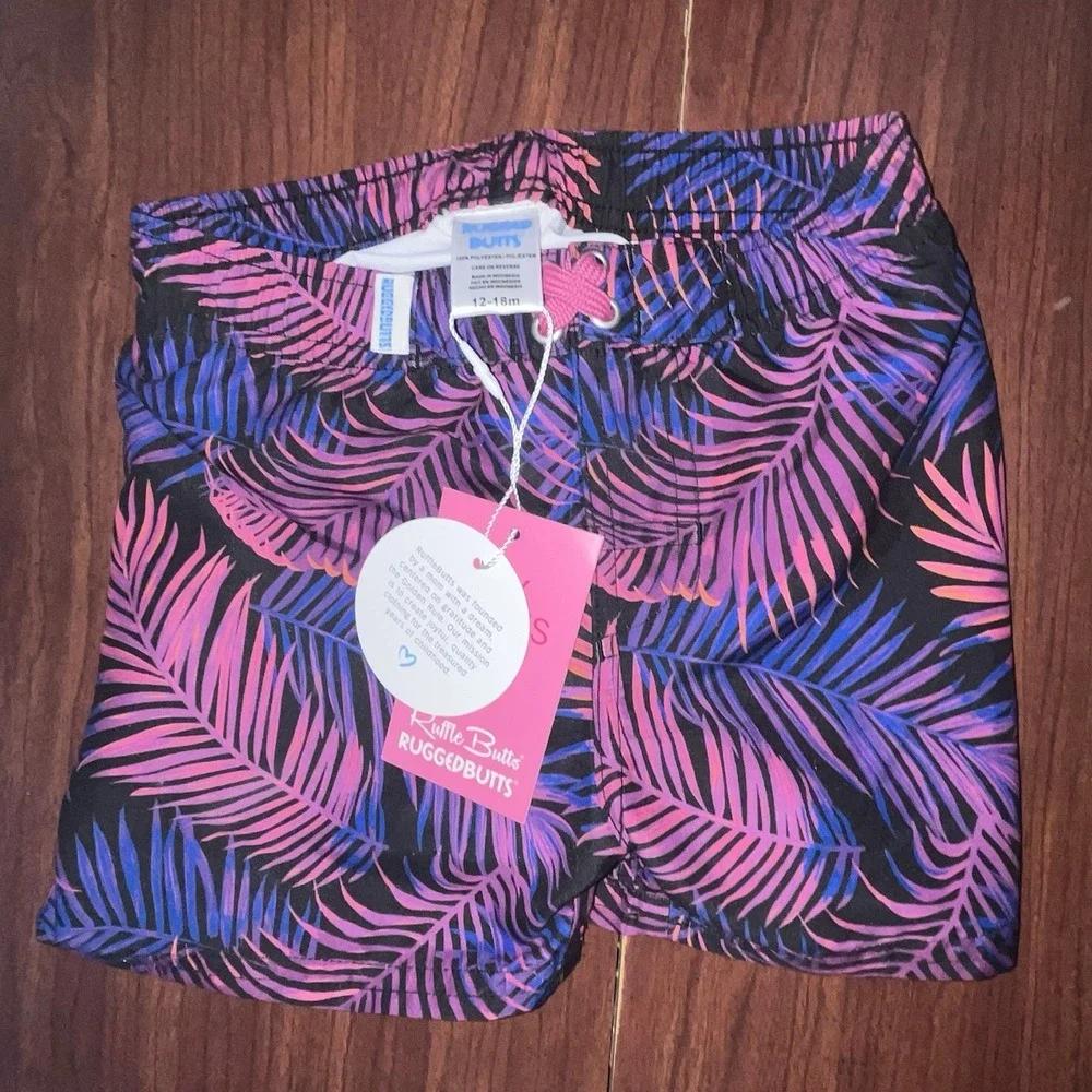 RUGGEDBUTTS Swim Trunks Boys Size 12-18 Mo Multicolor Tropical Print 50+ UPF NEW